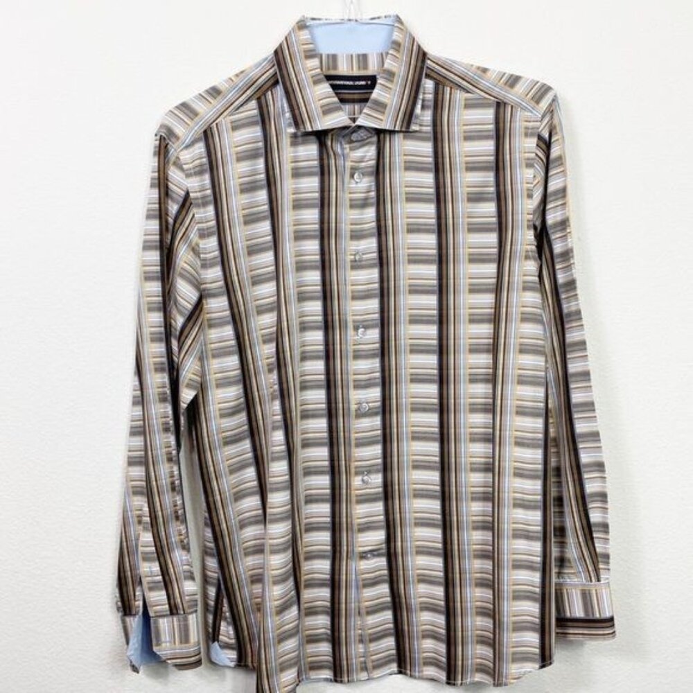 International Laundry Brown Tan Blue Plaid Button Down Size Large